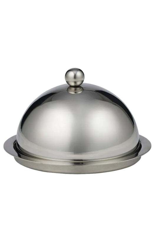 A polished stainless steel cloche dome with a matching circular base and a small spherical knob on top, shown on a plain white background.