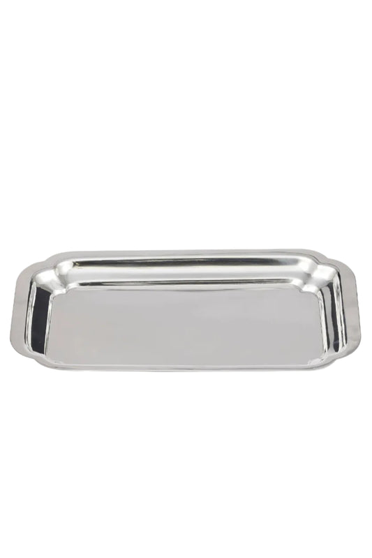 A rectangular stainless steel serving tray with raised edges and a polished reflective finish, shown on a plain white background.