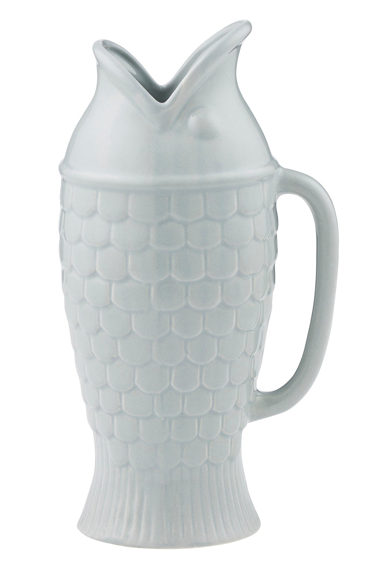 Soft Blue ceramic pitcher with textured design on a white background