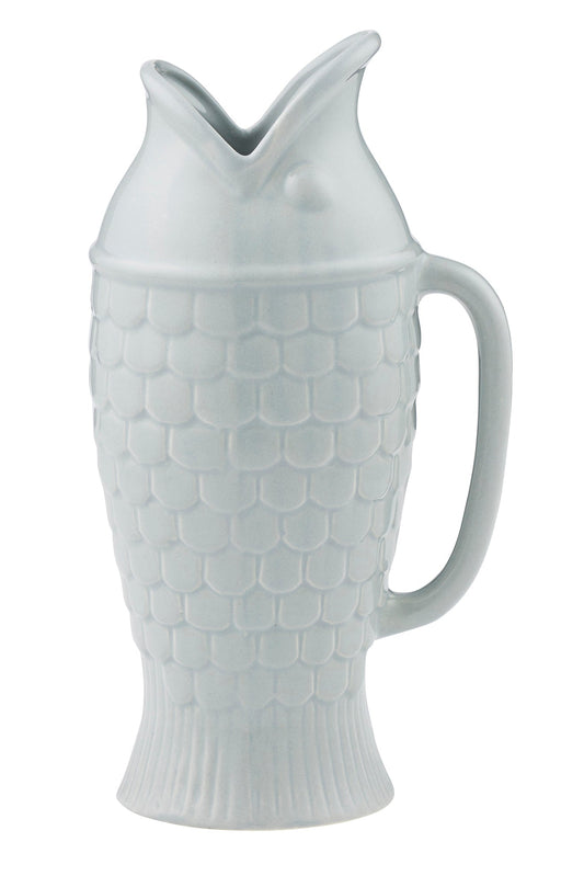 Soft Blue ceramic pitcher with textured design on a white background