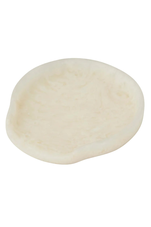 An irregularly shaped cream-colored soap dish with a textured, embossed floral pattern, shown on a plain white background.