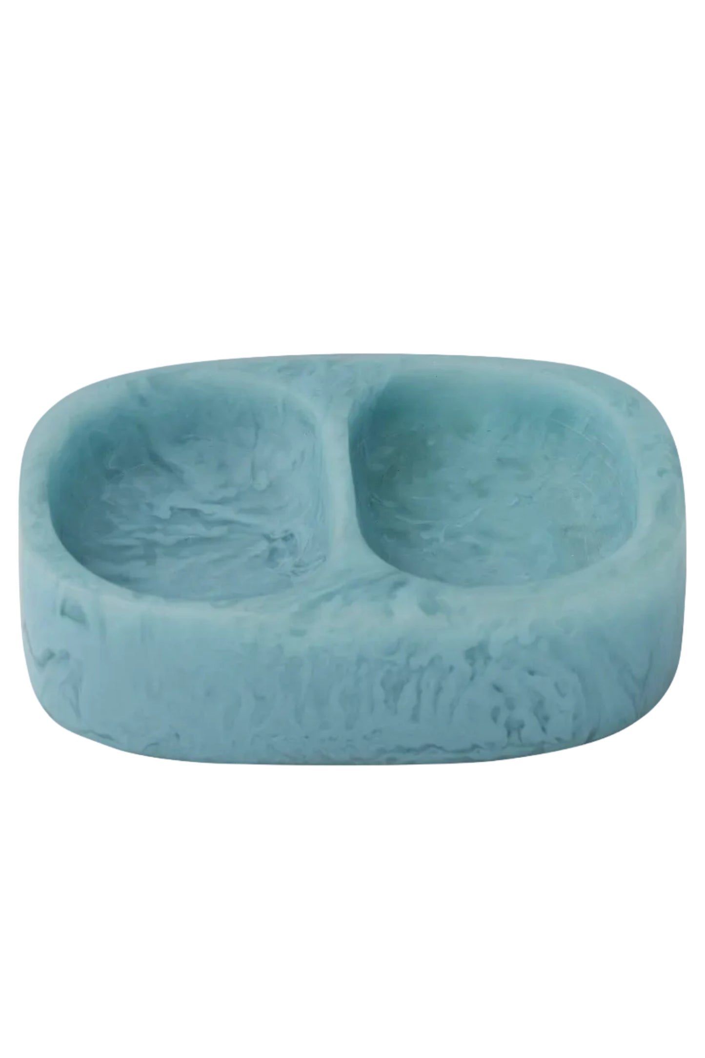 A light blue marbled stone divided plate with two bowls, shown on a plain white background.