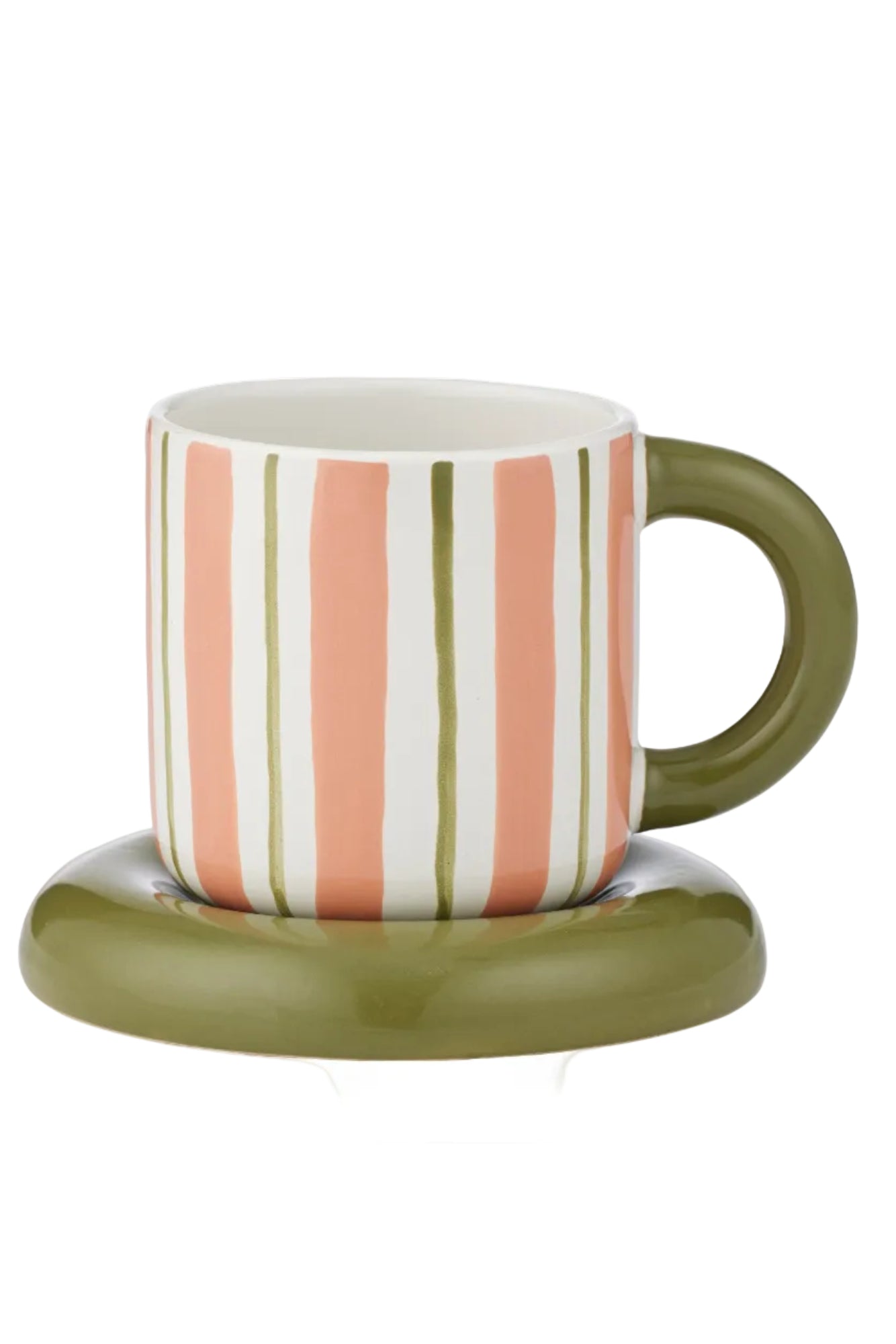 Striped mug with a matching coaster on a white background