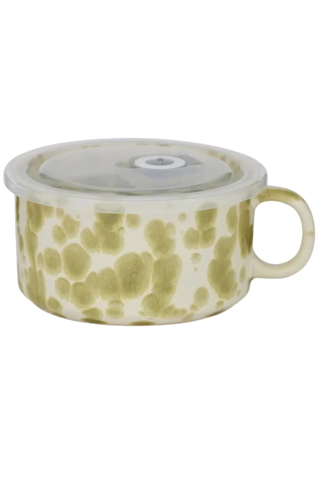 Ceramic mug with green abstract pattern and handle on a white background