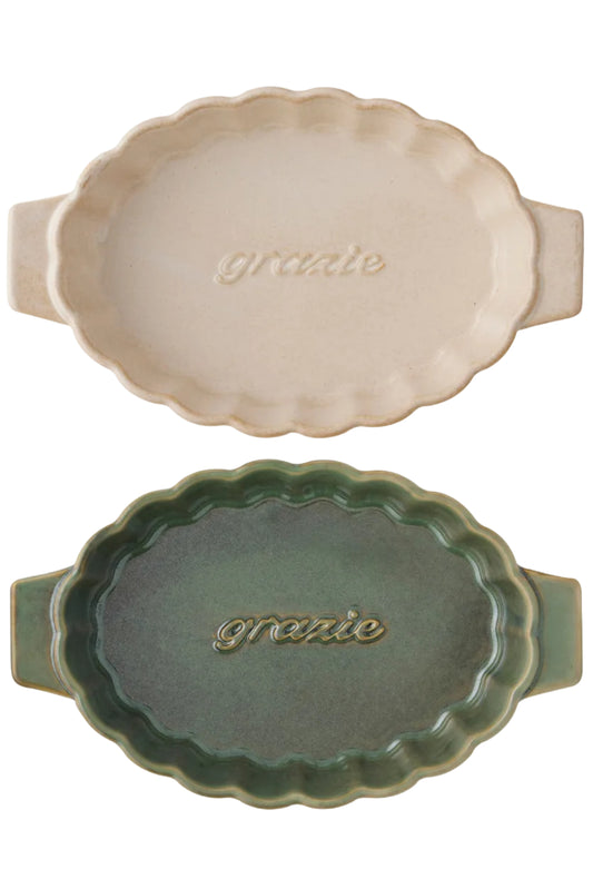 Two ceramic tart tins with scalloped edges and 'grande' branding on a white background.
