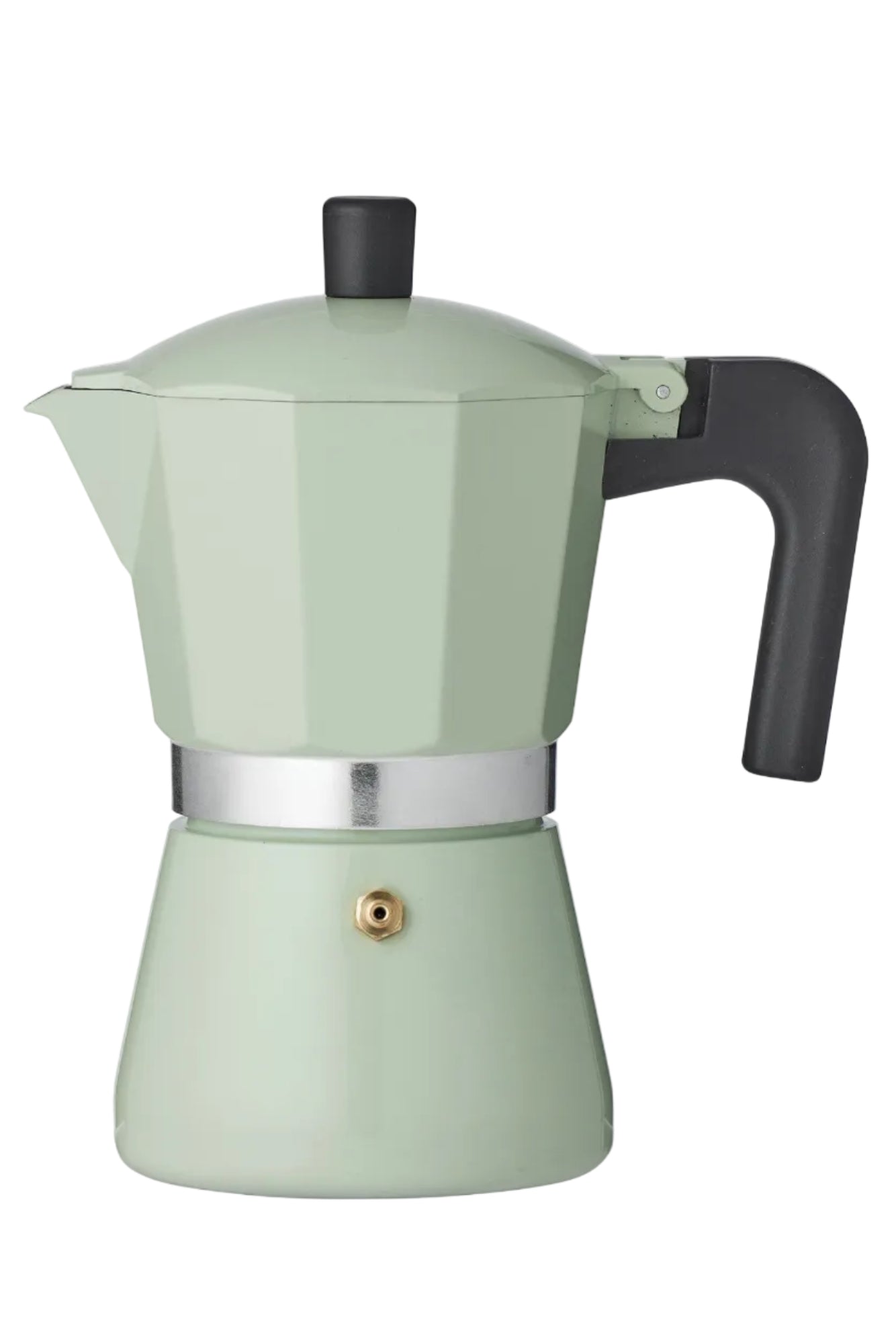 Light green espresso maker with black handle on a white background