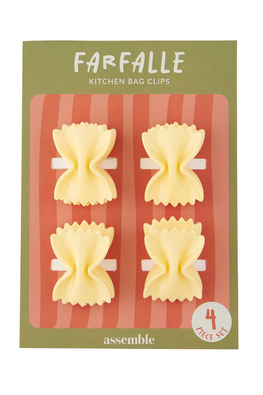 Pack of Farfalle kitchen bag clips with a striped design on a white background