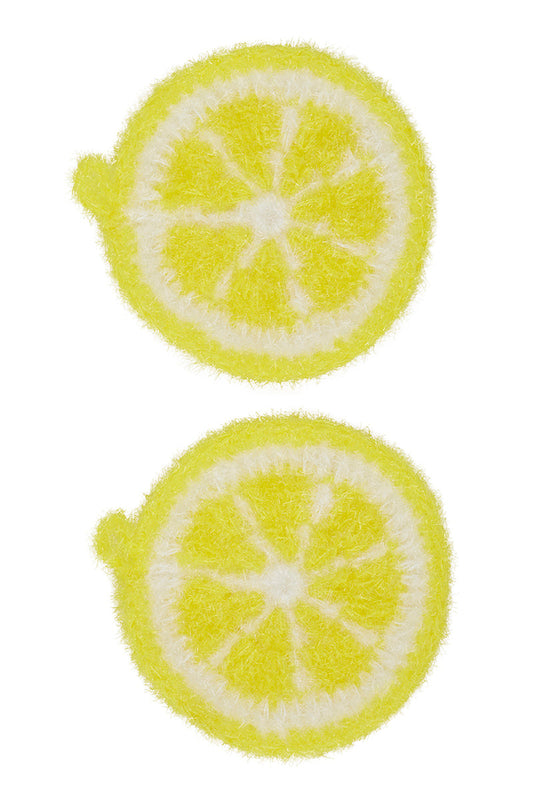 Two round, fuzzy yellow and white lemon slice sponges shown side by side on a plain white background.