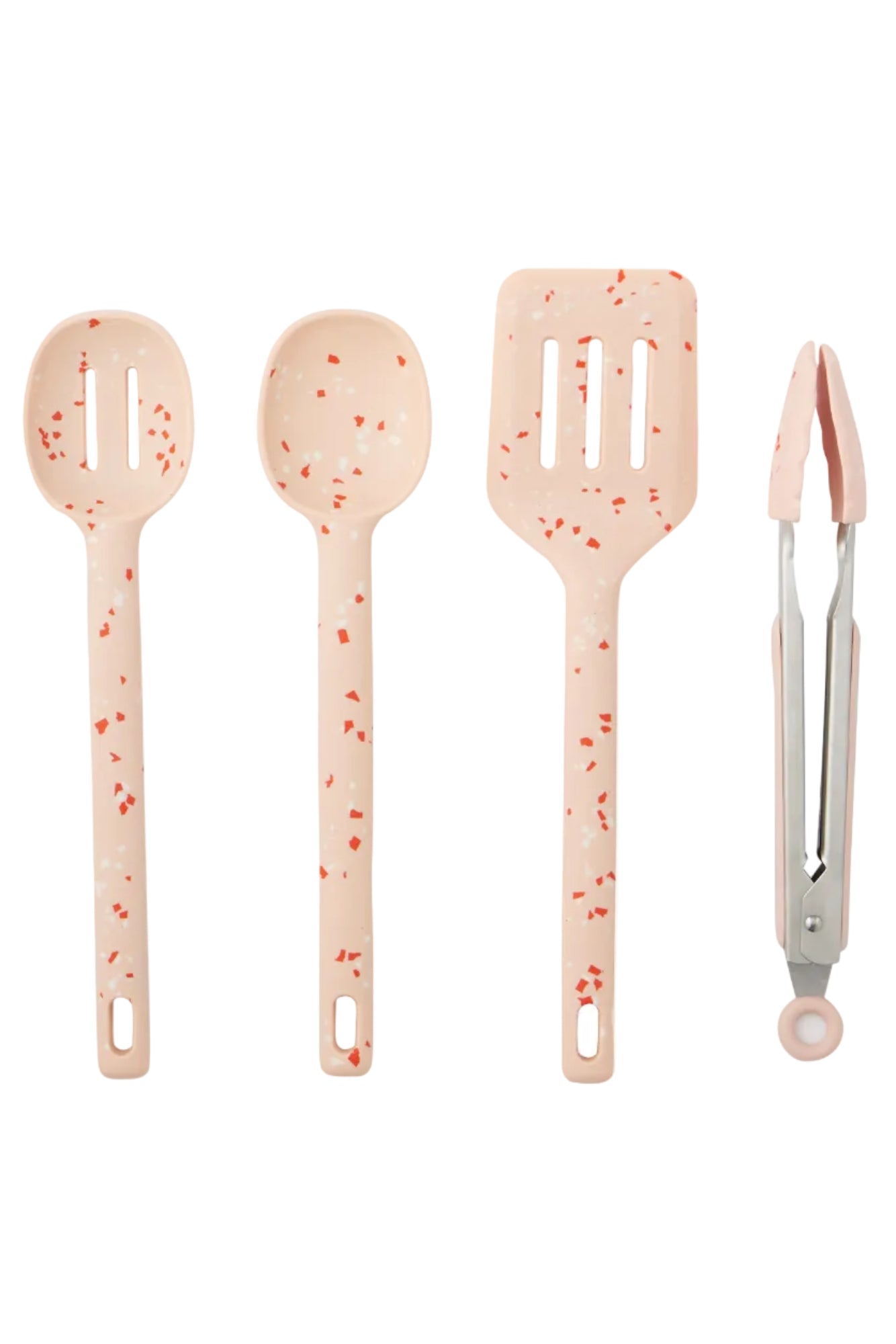 Set of four kitchen utensils with a speckled pattern on a white background