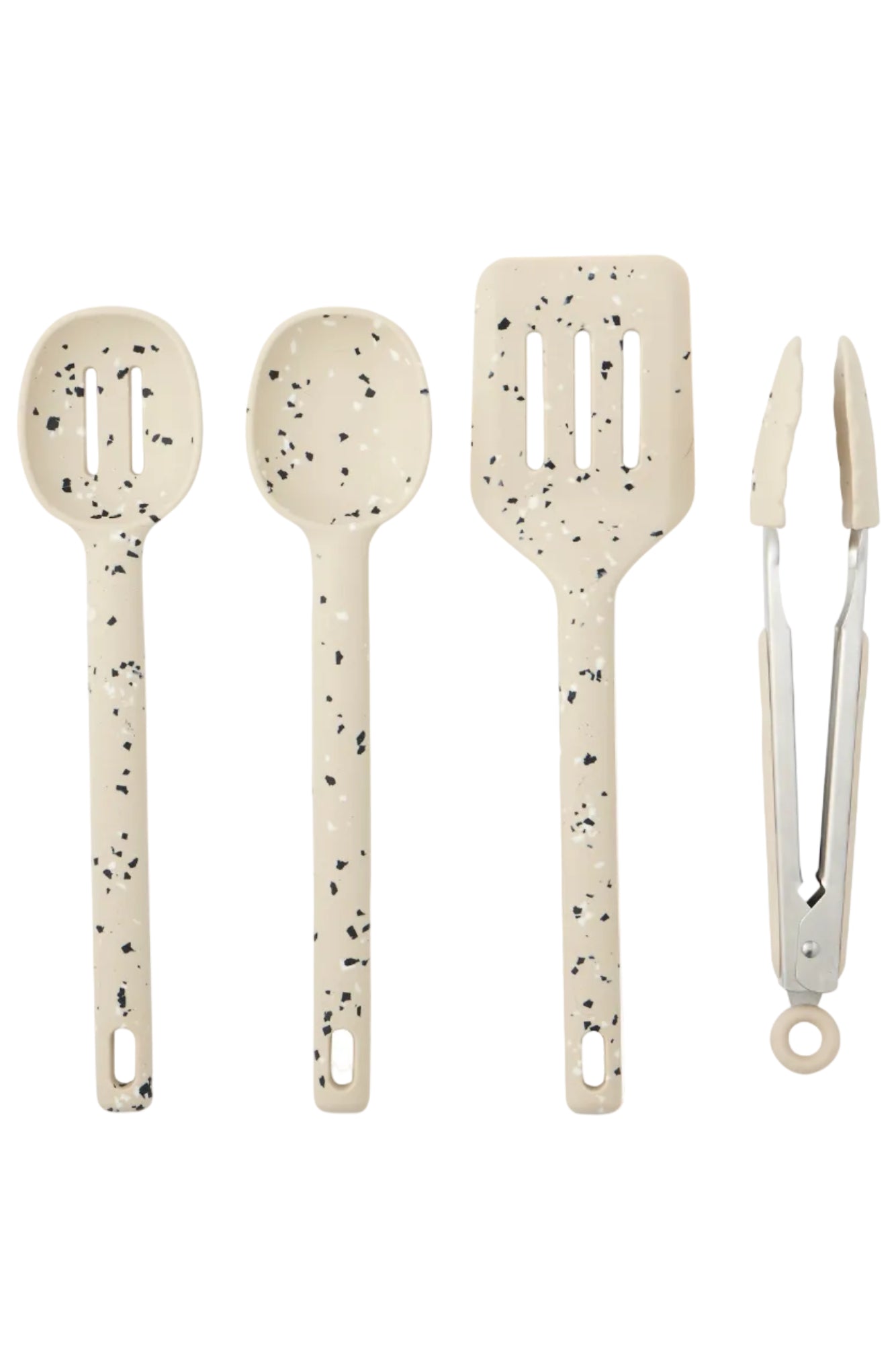 Set of kitchen utensils with speckled pattern on a white background