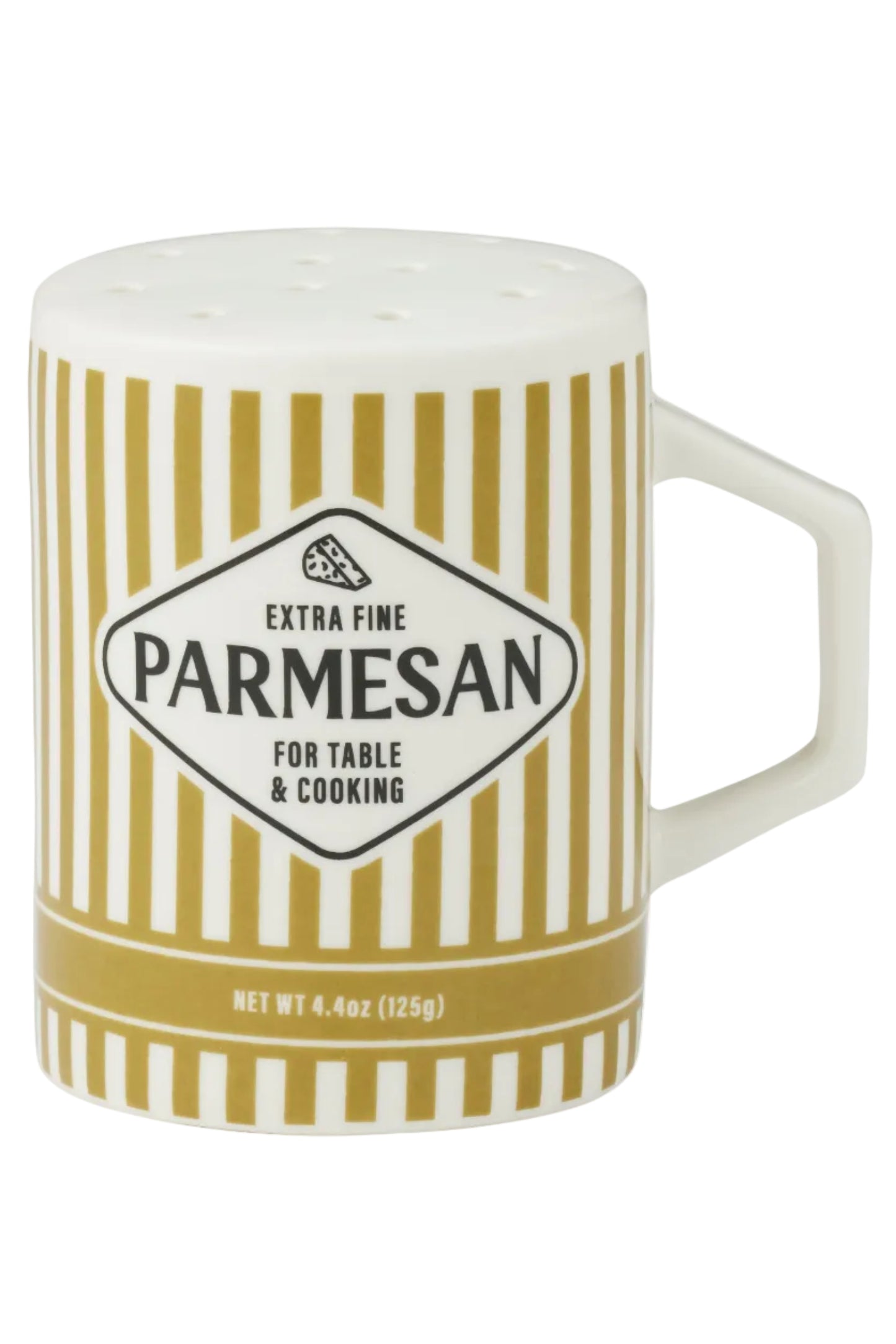 Ceramic parmasan cheese shaker with yellow stripes and text.