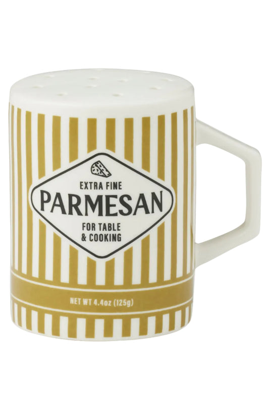 Ceramic parmasan cheese shaker with yellow stripes and text.