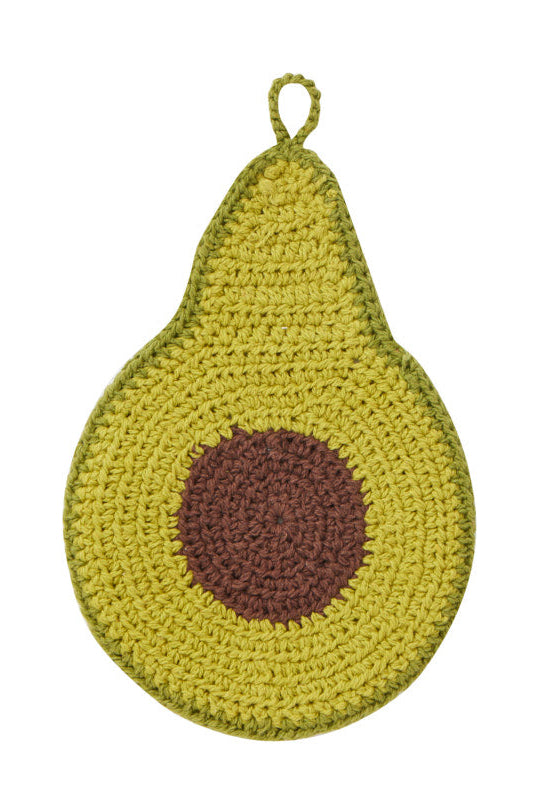 Crocheted avocado-shaped potholder in olive green and brown, shown against a plain white background.