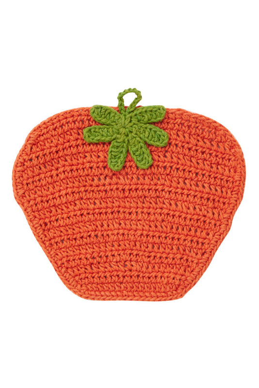 A crocheted pumpkin-shaped item in bright orange with a green leafy stem detail on top, shown against a plain white background.