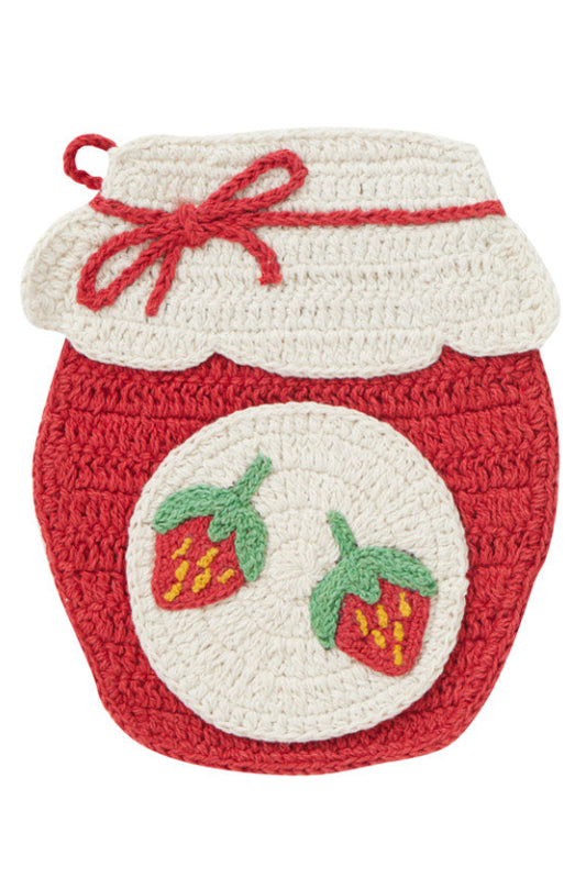 A crocheted jar-shaped bag or pouch in red and off-white, featuring embroidered strawberries on the front and a red bow detail on the lid, shown against a plain white background.
