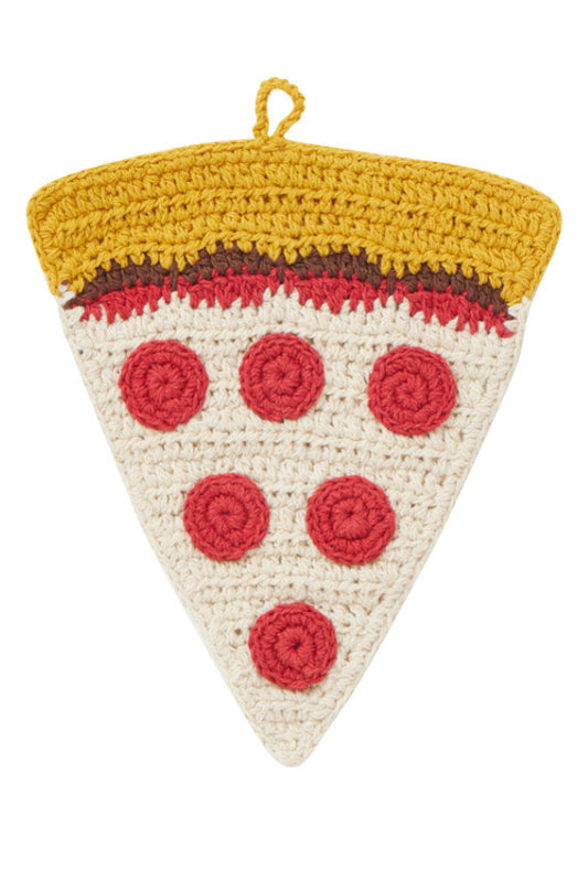 A crocheted slice of pizza with a yellow crust, red sauce, and white cheese-like base with red circular toppings, shown on a plain white background.