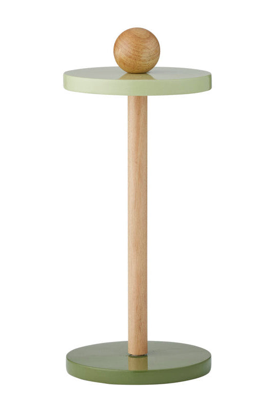 A modern side table with a round sage green top and base, a natural wood central column, and a matching wooden sphere on top, shown against a plain white background.