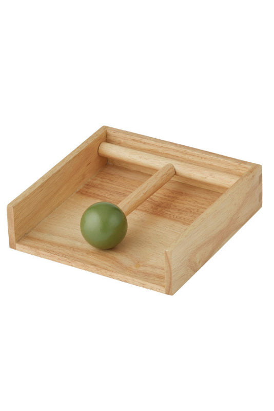 A natural wood baby sensory tray with a small green ball inside, shown on a plain white background.
