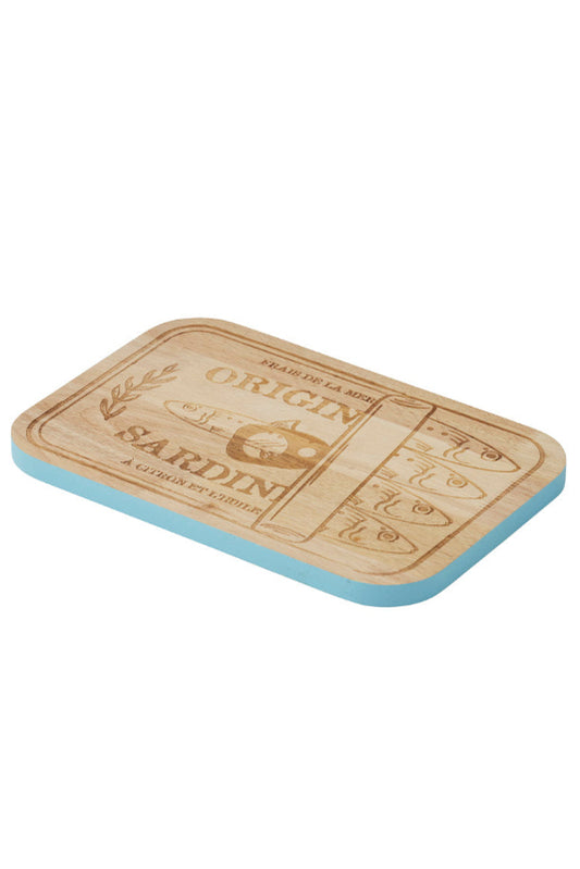 A rectangular wooden serving board with rounded corners, featuring a light natural wood top with engraved Sardinian-themed text and illustrations, and a light blue underside, shown on a plain white background.