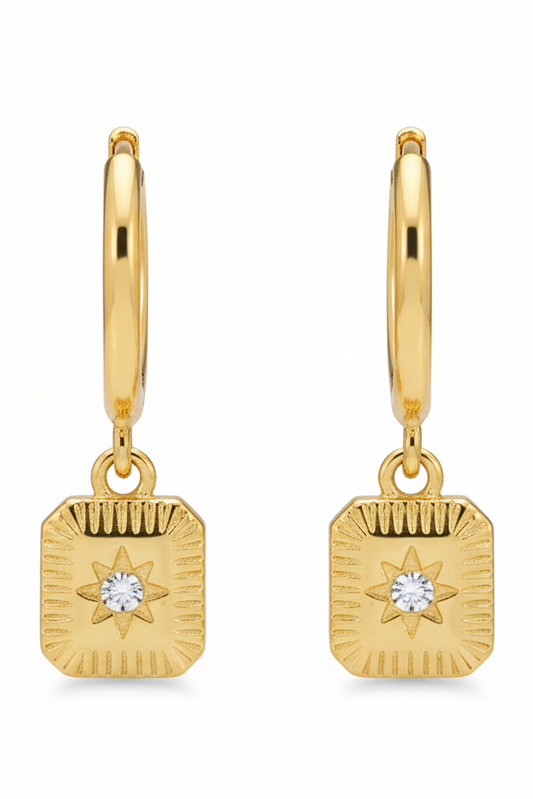 Gold hoop earring with a square pendant on a white background