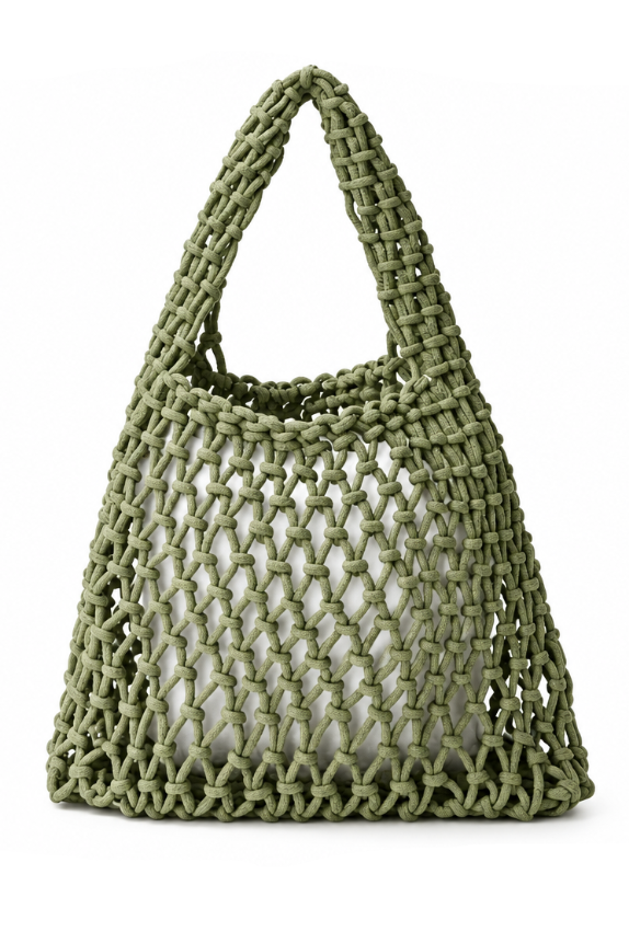 An olive green woven mesh tote bag with integrated shoulder straps, displayed on a clean white surface against a light gray background.