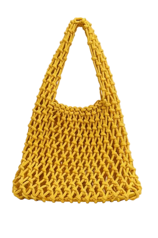 A bright yellow woven rope shoulder bag with a slouchy trapezoidal shape, displayed on a clean white surface against a light gray background.
