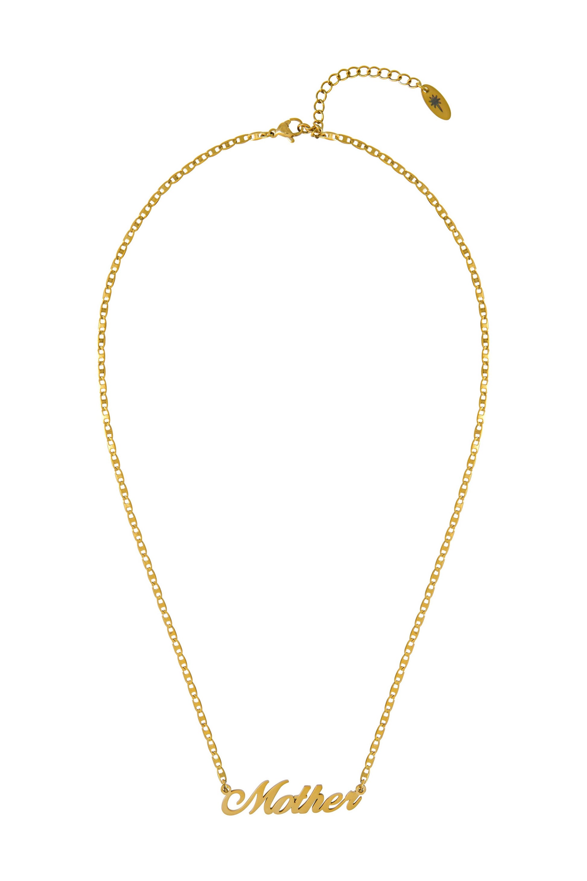 Gold necklace with 'Mother' pendant on a white background