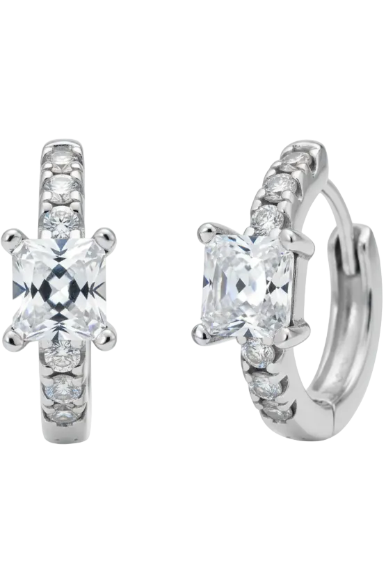 Pair of diamond hoop earrings on a white background