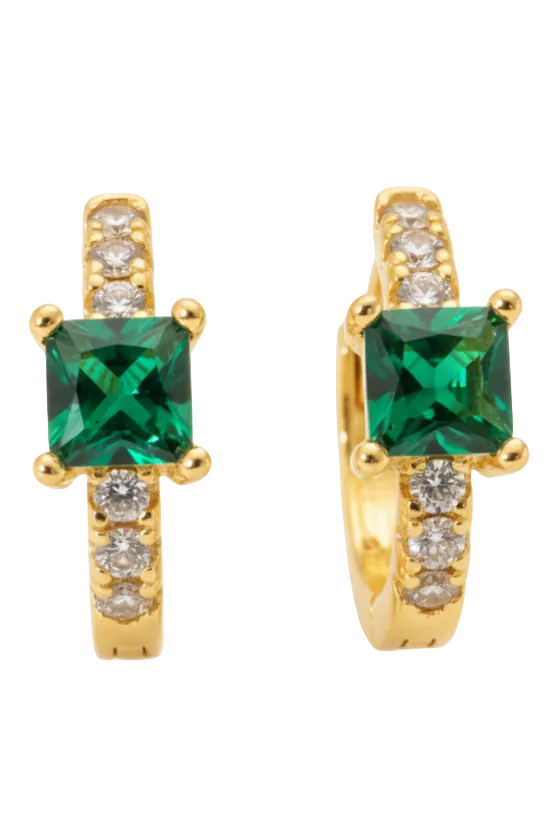 Gold earrings with green gemstones on a white background