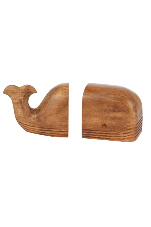 Wooden whale-shaped bookends on a white background