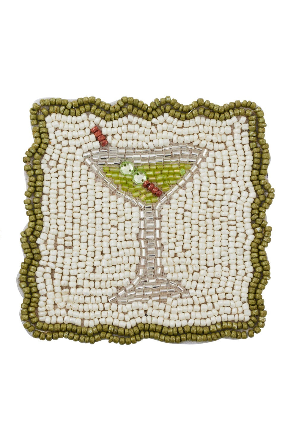 Two square beaded coasters on a white background. The left coaster has a scalloped reddish-brown border and the words 'ciao bella' in gold beads.