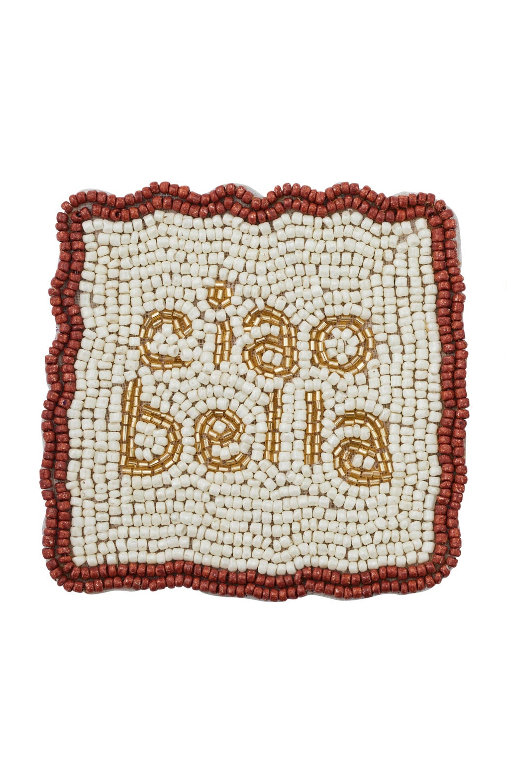 Two square beaded coasters on a white background. The left coaster has a scalloped reddish-brown border and the words 'ciao bella' in gold beads.