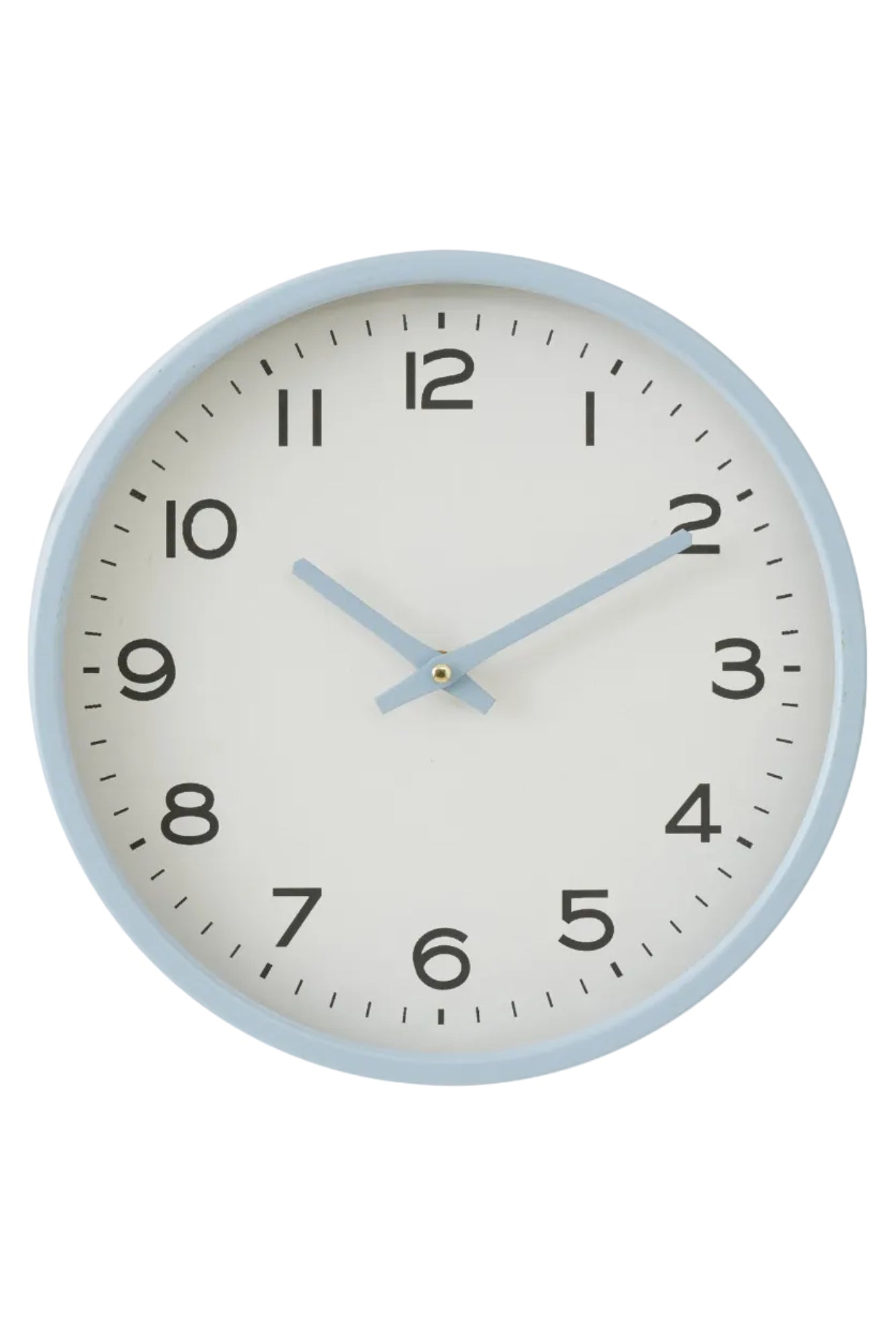 Round wall clock with a light blue rim and black numbers on a white background