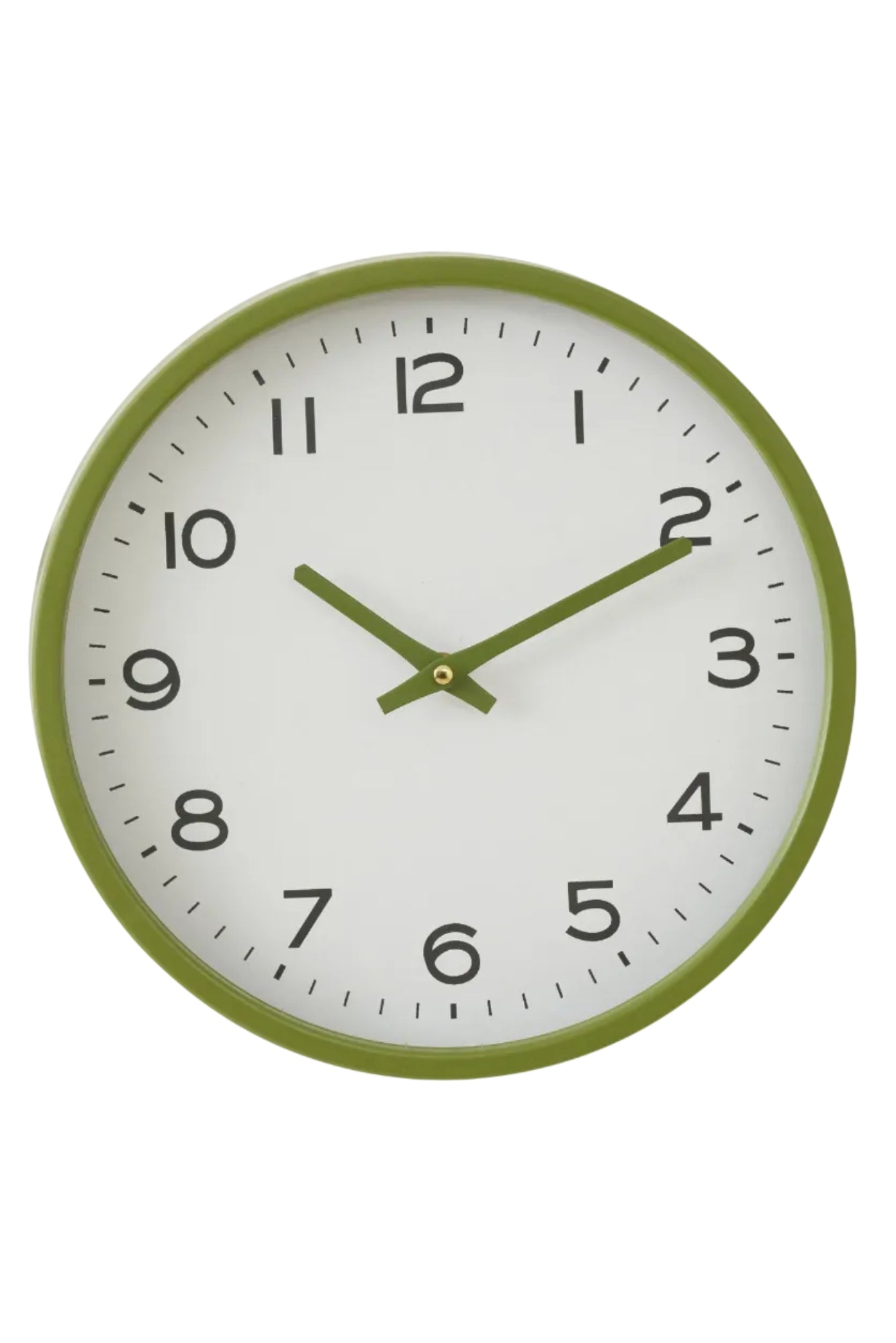 Green and white wall clock on a white background