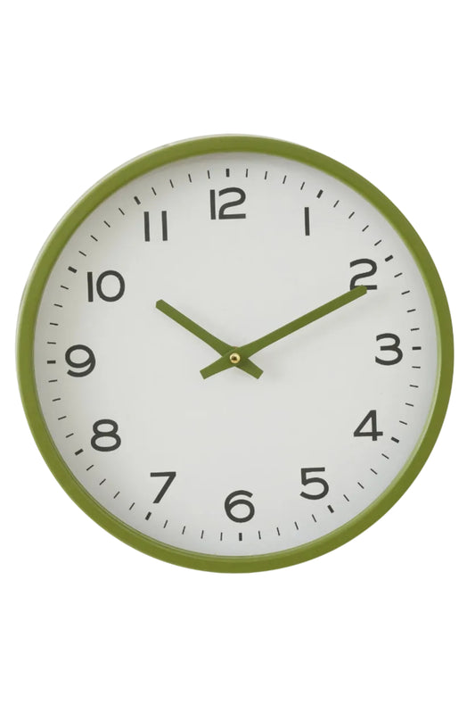Green and white wall clock on a white background