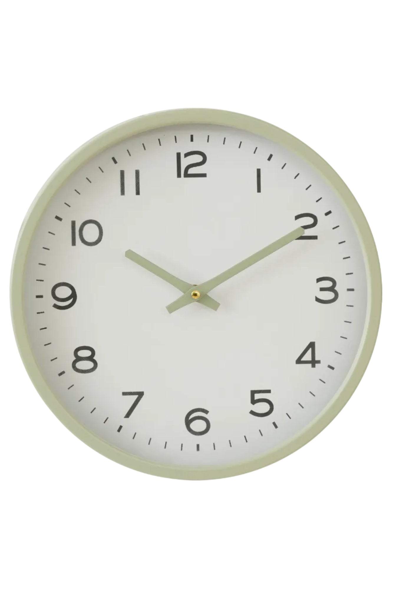 Round wall clock with a white face and green rim on a white background