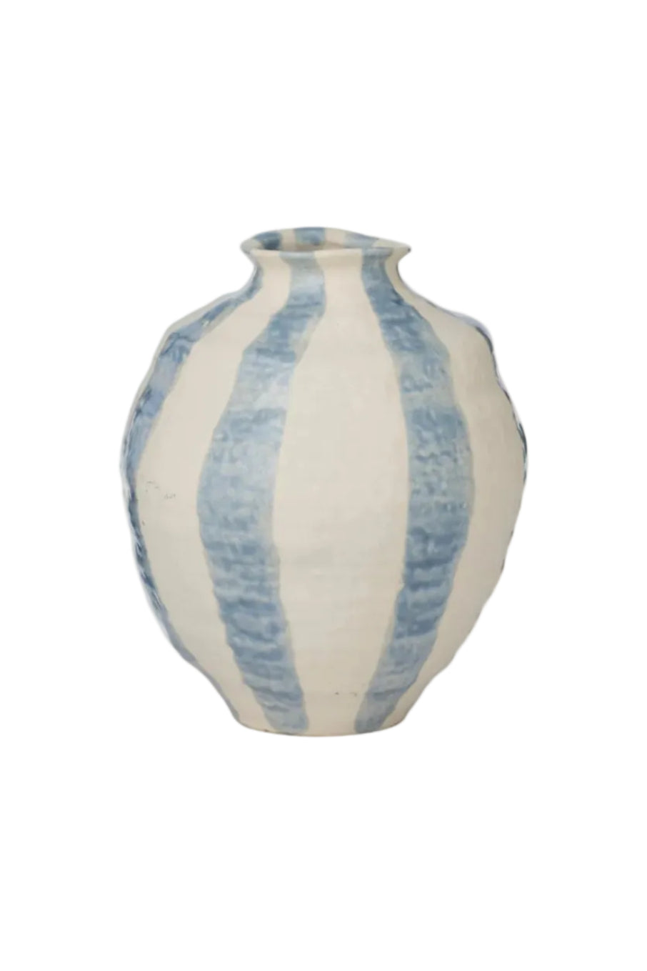 Decorative vase with blue and white striped pattern on a white background