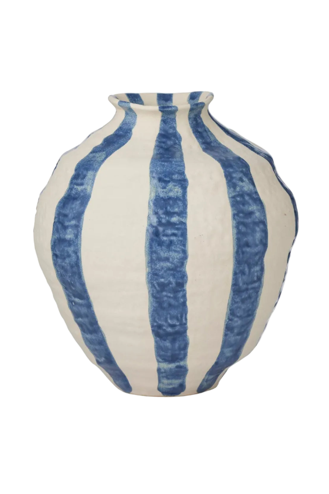 Vase with blue and white striped pattern on a white background