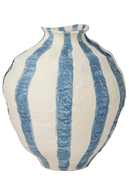 Vase with blue and white striped pattern on a white background