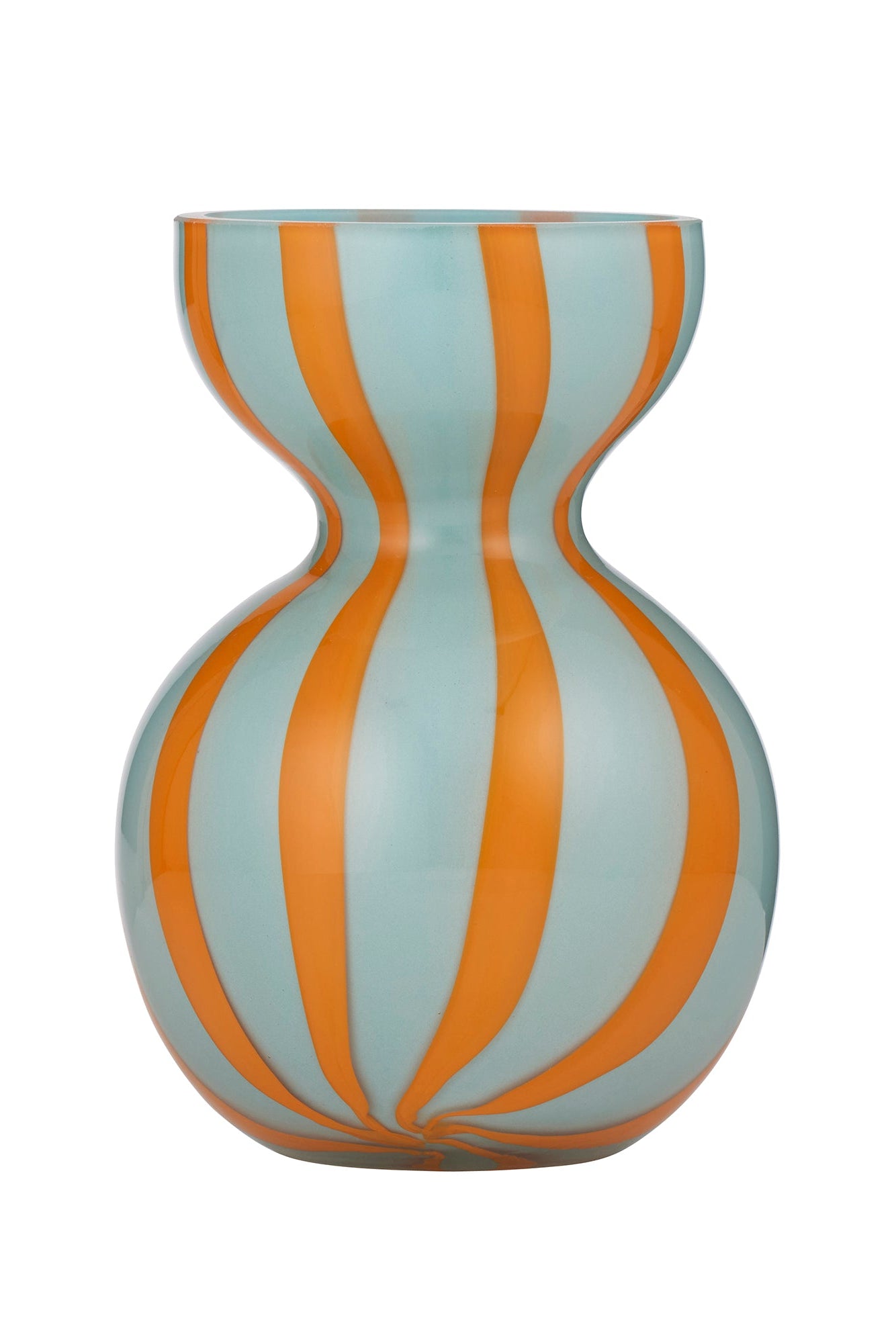 Vase with orange and white striped design on a white background