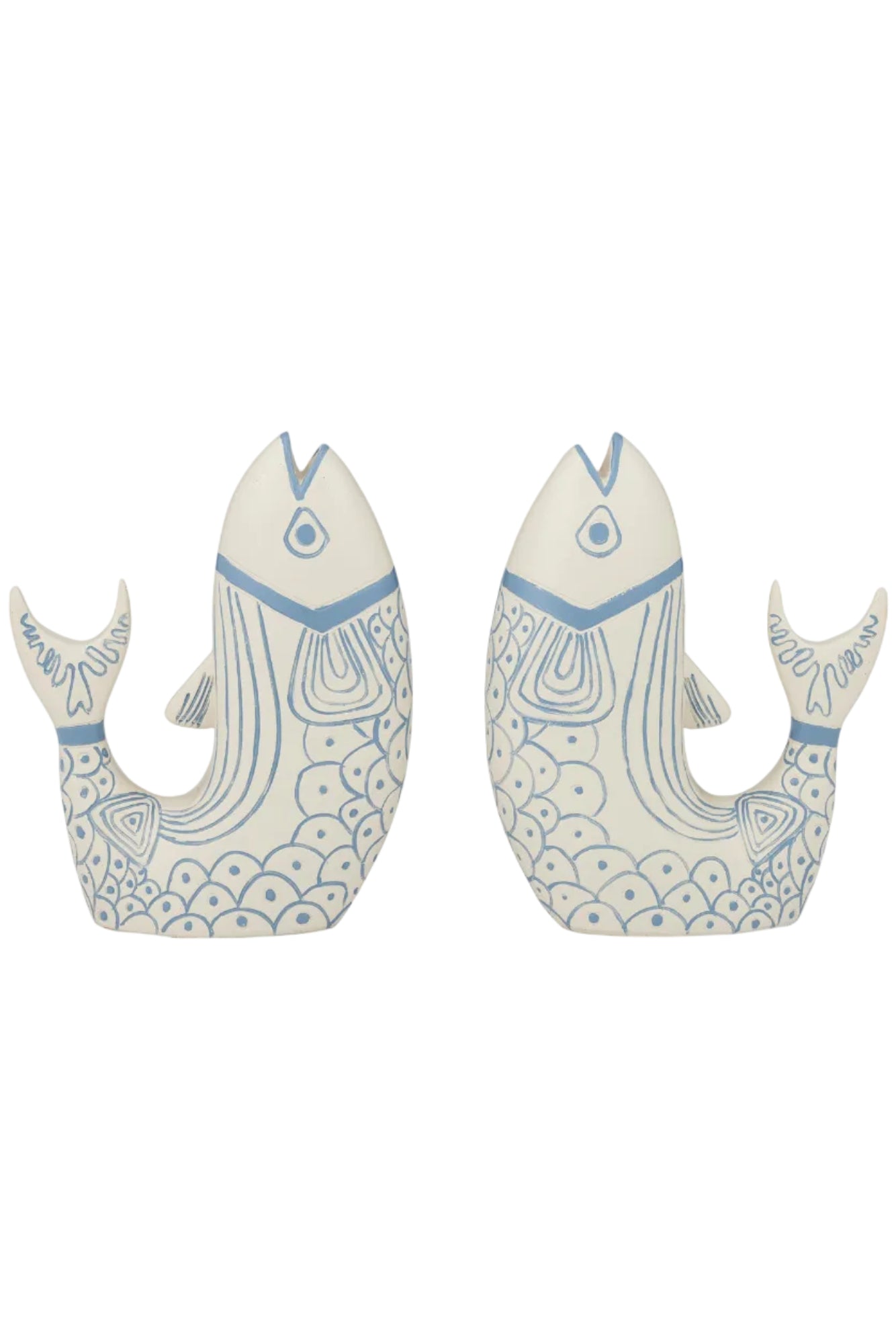 Two resin fish bookends with blue patterns on a white background