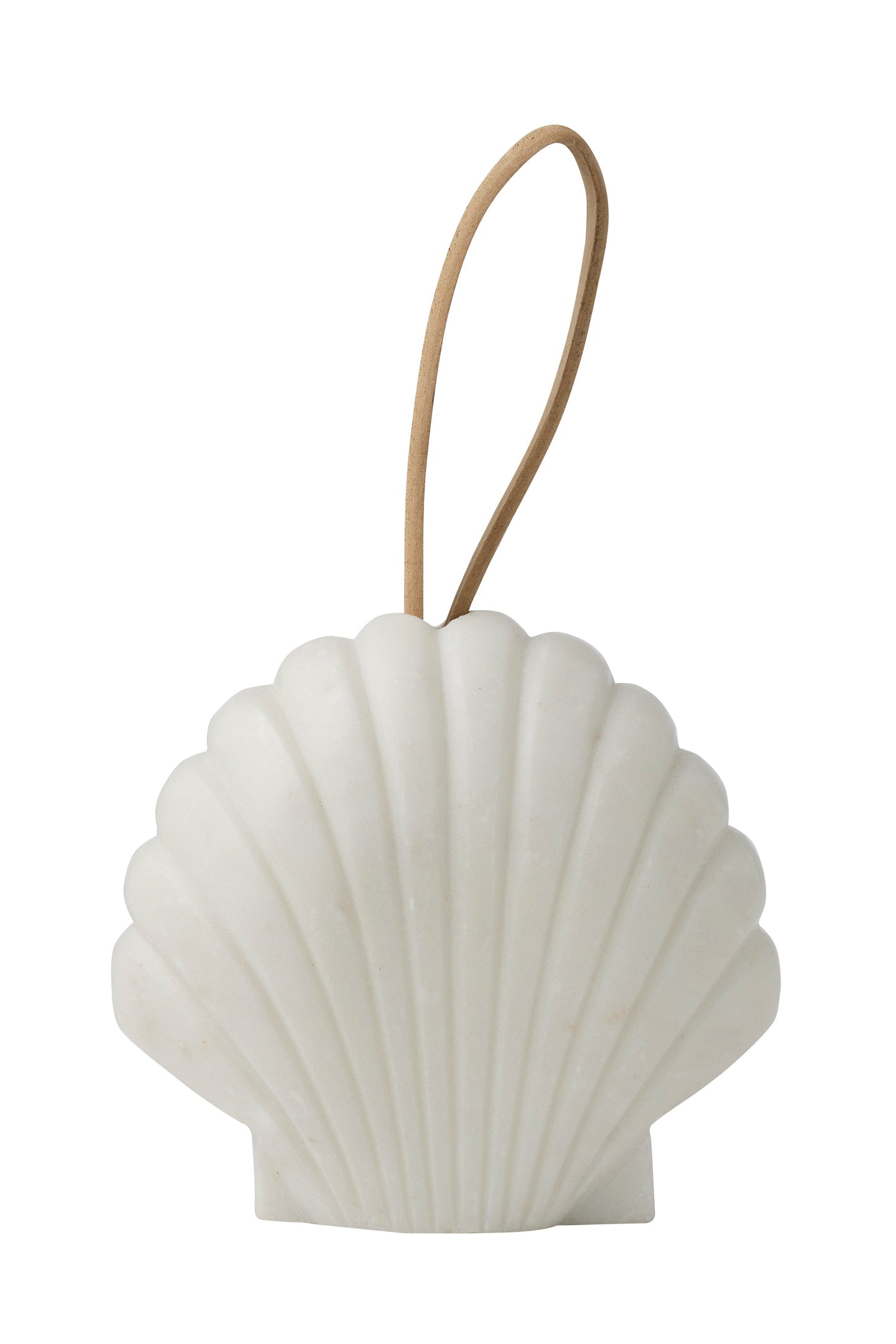 Shell-shaped white ornament with a brown string on a white background