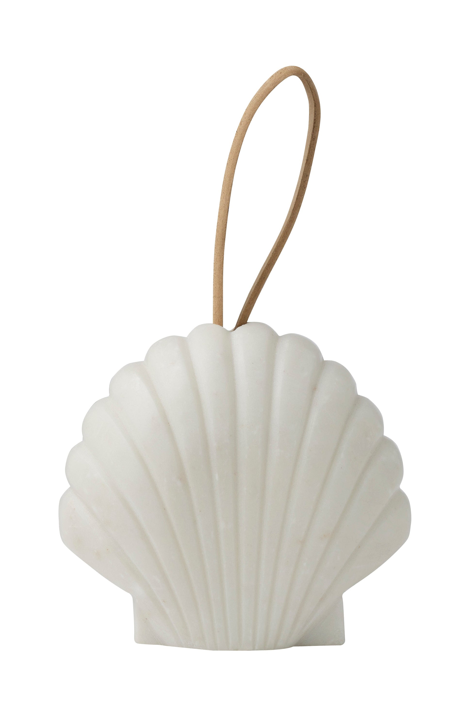 Shell-shaped white ornament with a brown string on a white background
