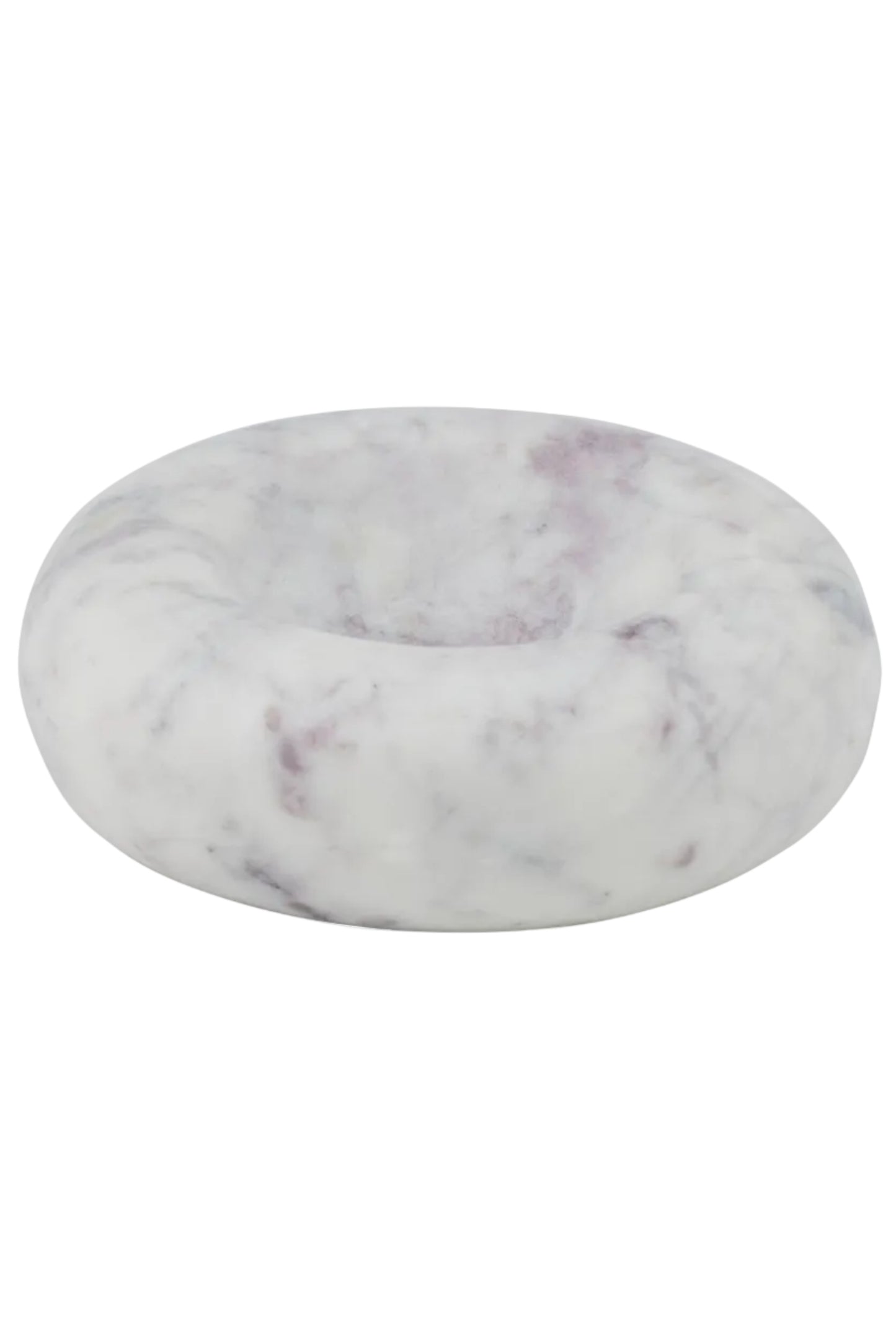 A round, donut-shaped soap dish made of white marble with subtle purple and gray veining, shown on a plain white background.