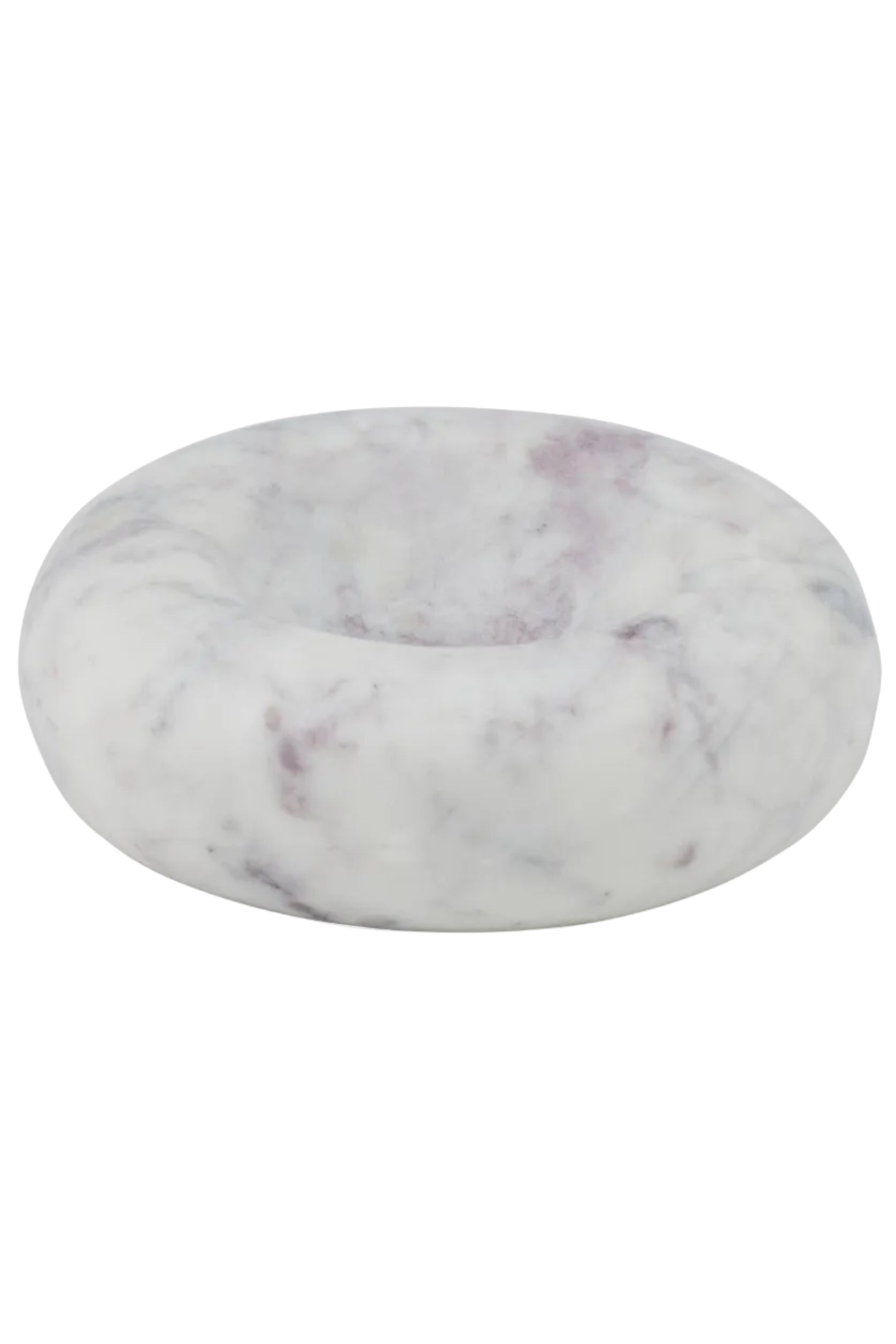 A round, donut-shaped soap dish made of white marble with subtle purple and gray veining, shown on a plain white background.