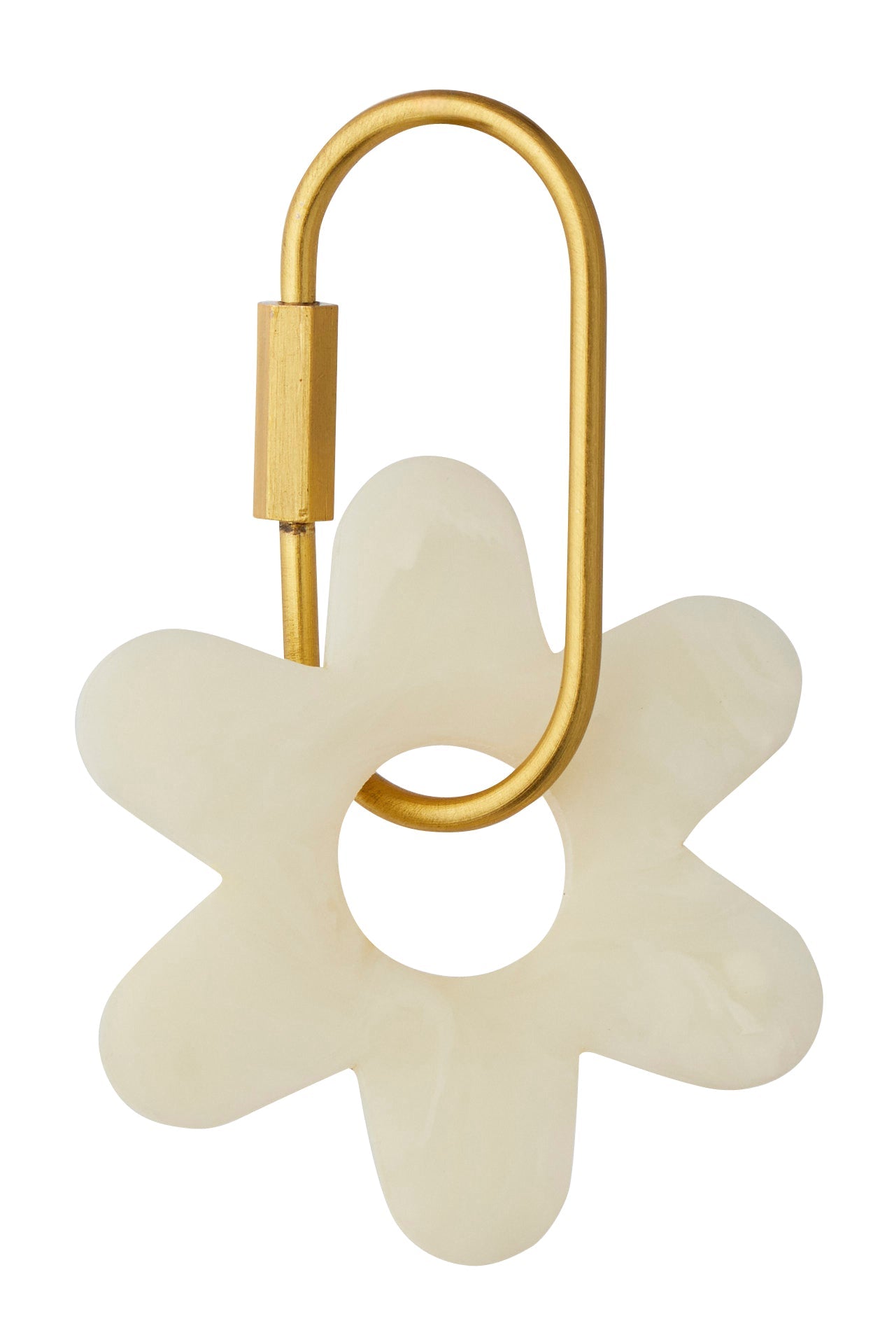 A gold metal clip attached to a translucent off-white flower-shaped charm, shown on a plain white background.