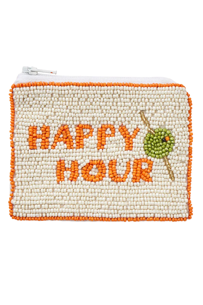 Pouch with 'Happy Hour' text and olive design on a white background