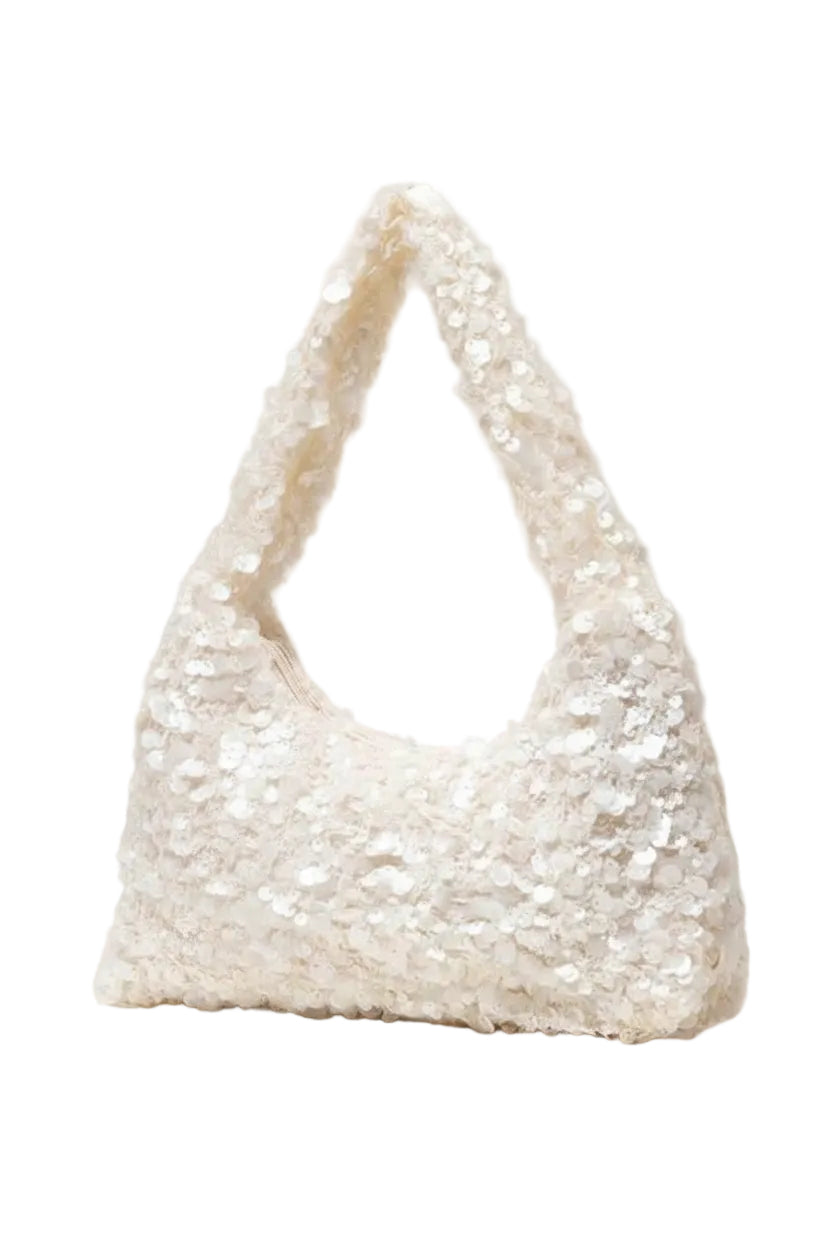 A white sequin shoulder bag  displayed on a white background.