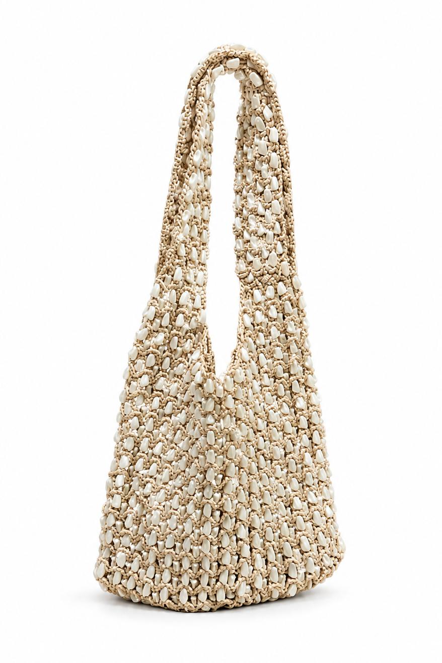 Woven handbag on a white background