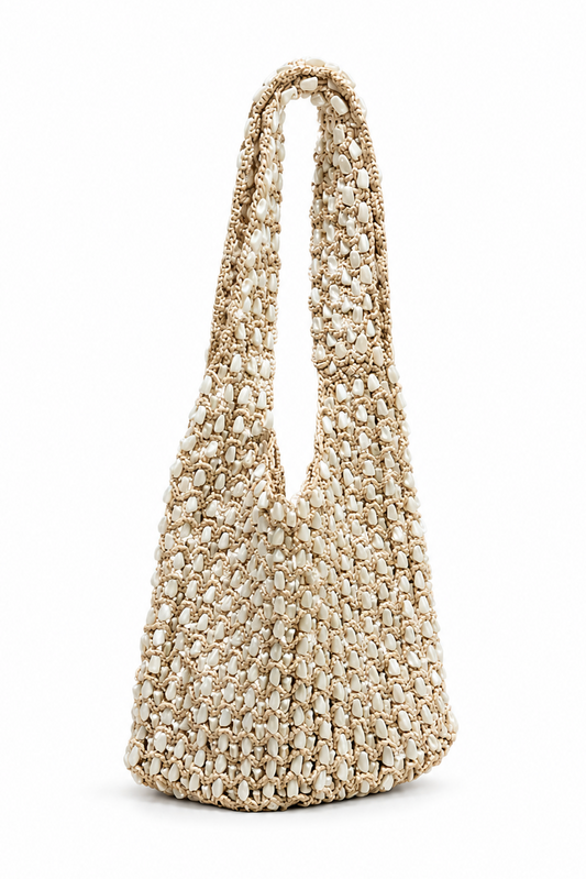 Woven handbag on a white background